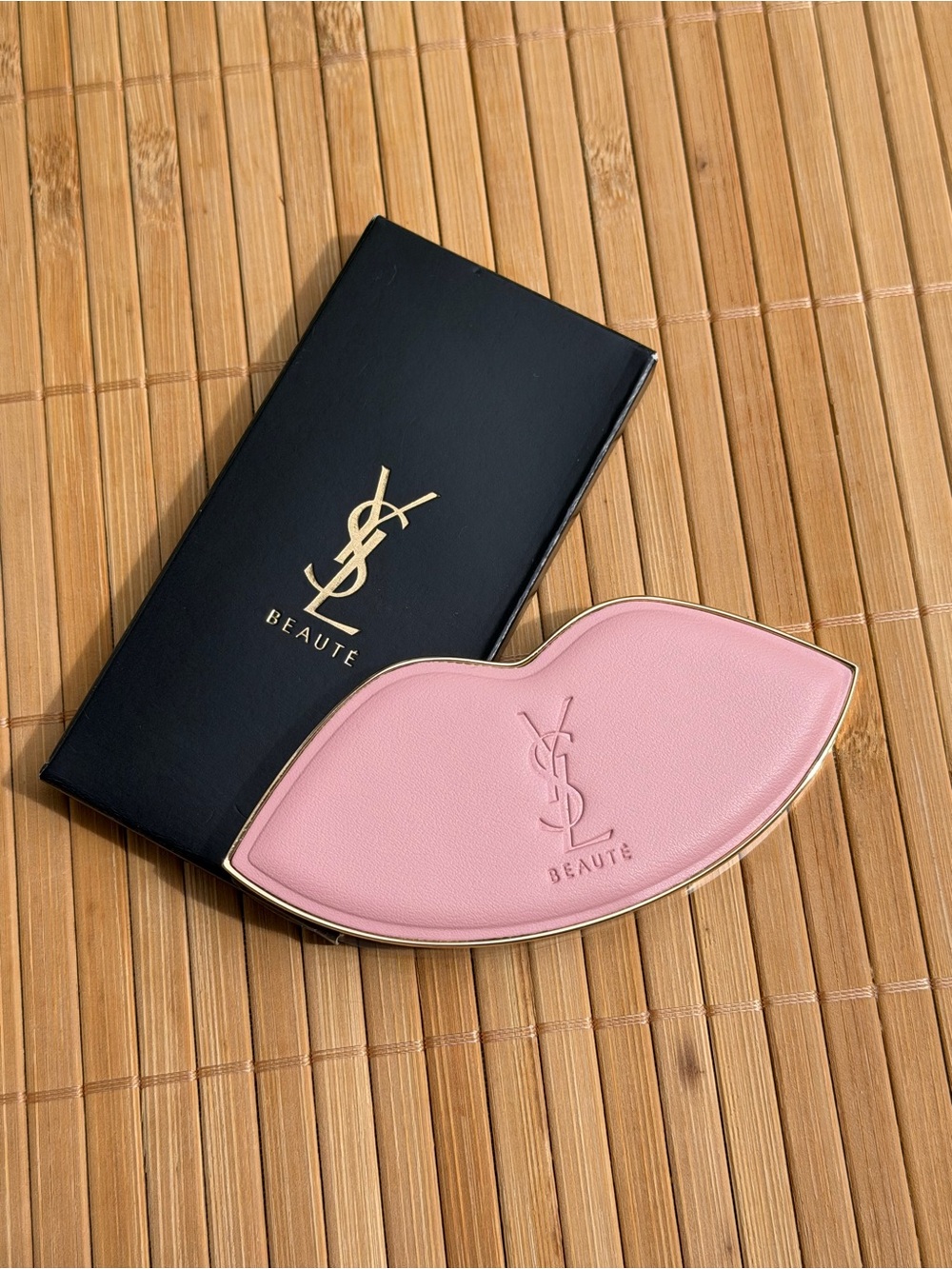 Yves Saint Laurent Pink Lip-Shaped Compact Case with Gold Trim